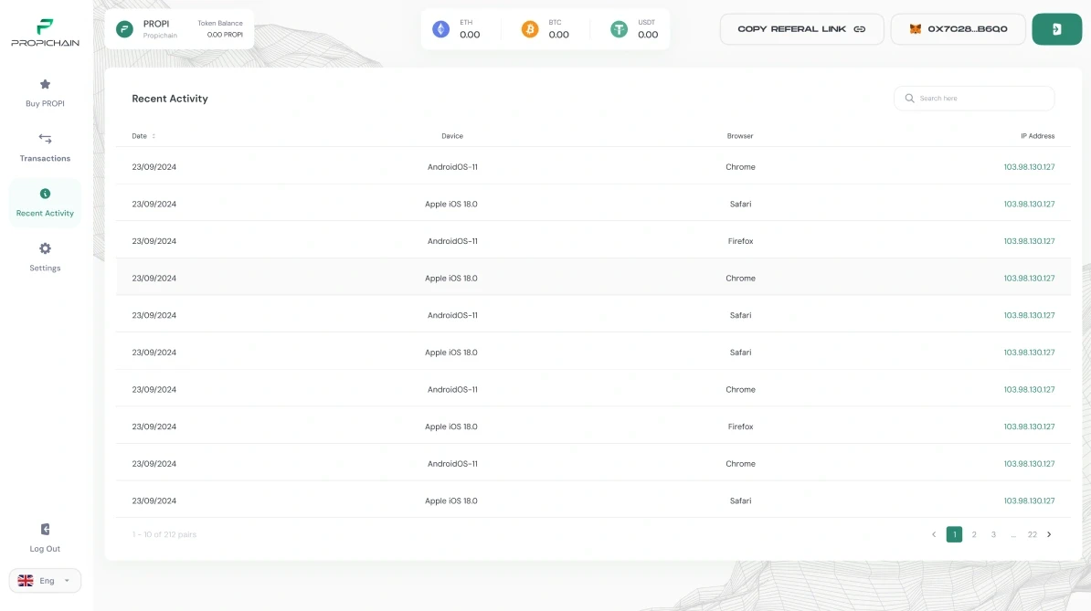 Recent activity: the date, device, browser and IP of every sign-in.