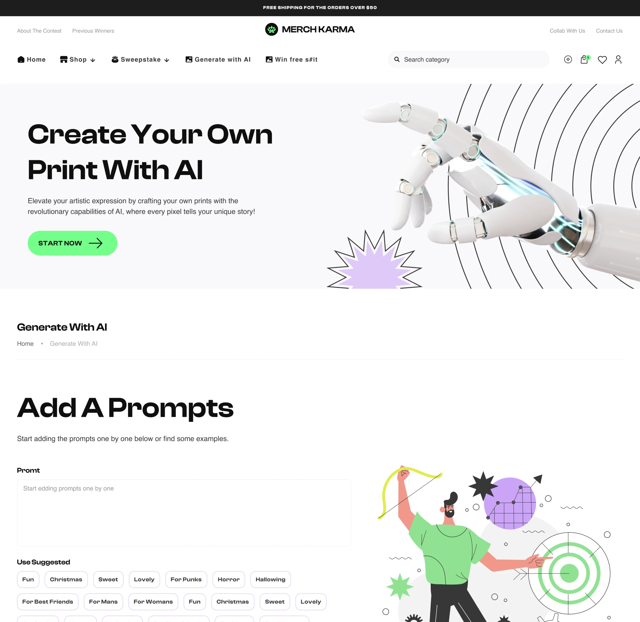 Create your own print with AI: the store’s header and layout, a prompt field with suggested prompts — fun, Christmas, sweet, lovely — and an illustration.