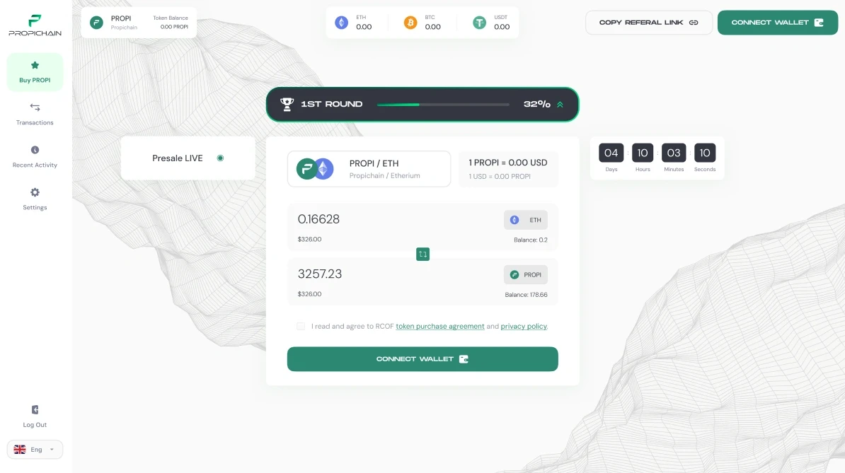 The buy screen before a wallet is connected: the round, the amounts and Connect wallet.