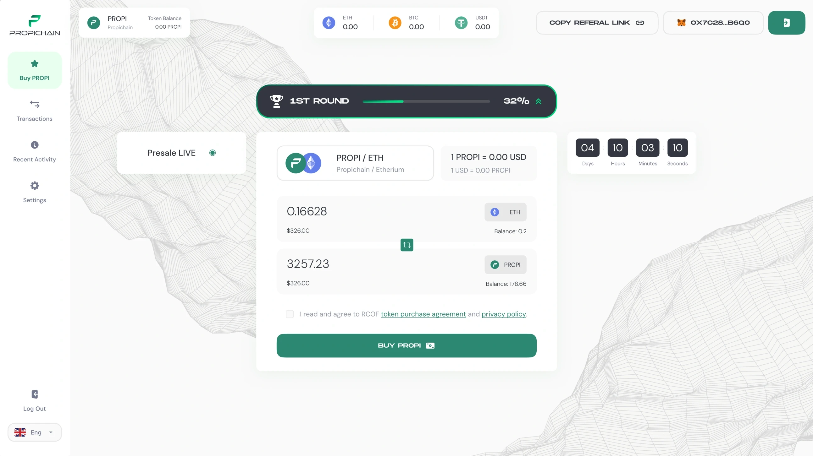 The dashboard: the 1st round at 32%, Presale live, PROPI / ETH at its price, the amounts in ETH and PROPI, the countdown in days, hours, minutes and seconds, and the token purchase agreement to tick before Buy PROPI.