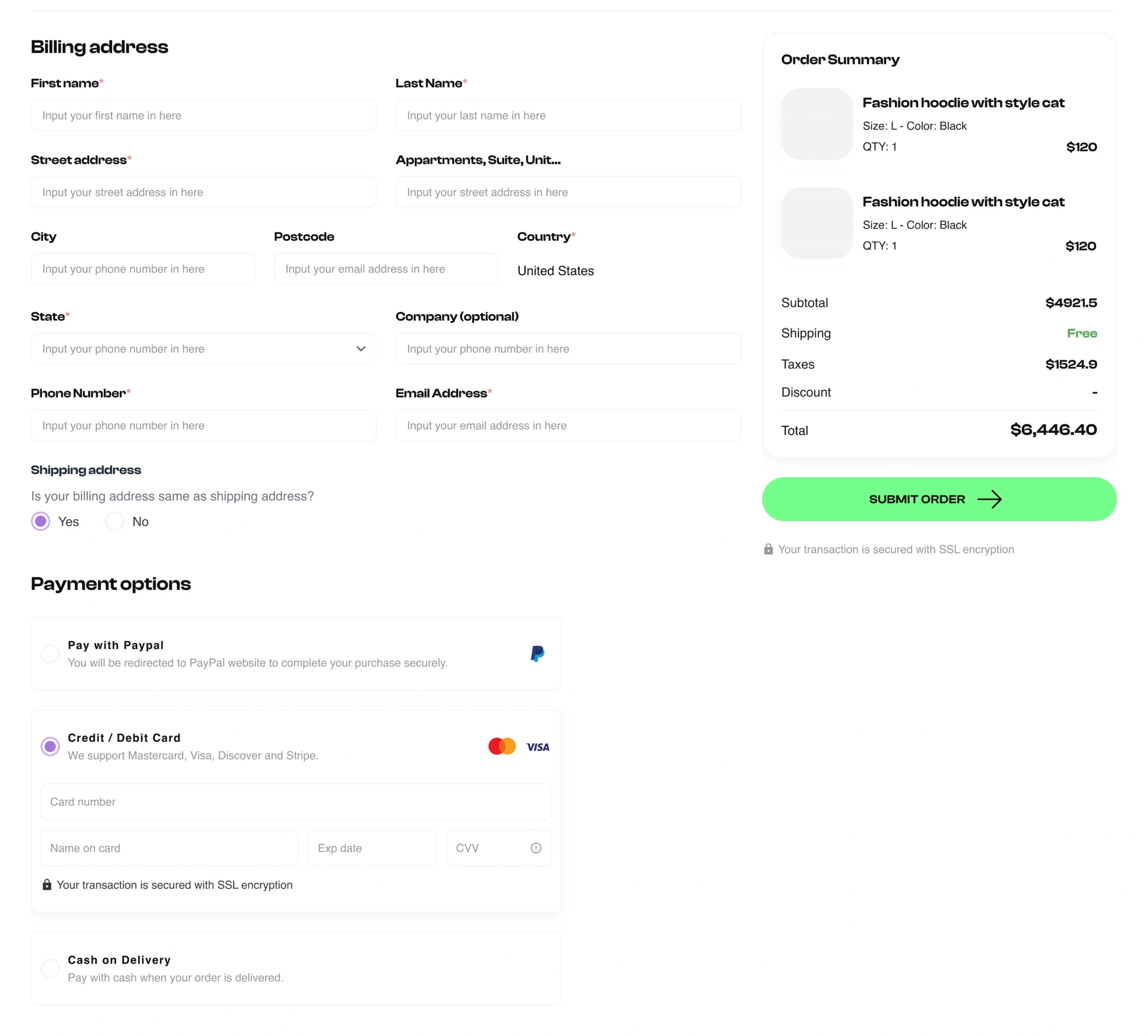 Checkout: the billing address with “Is your billing address same as shipping address?”, the order summary and Submit order, and the payment options — PayPal, credit or debit card with “Your transaction is secured with SSL encryption” under the card fields, and cash on delivery.