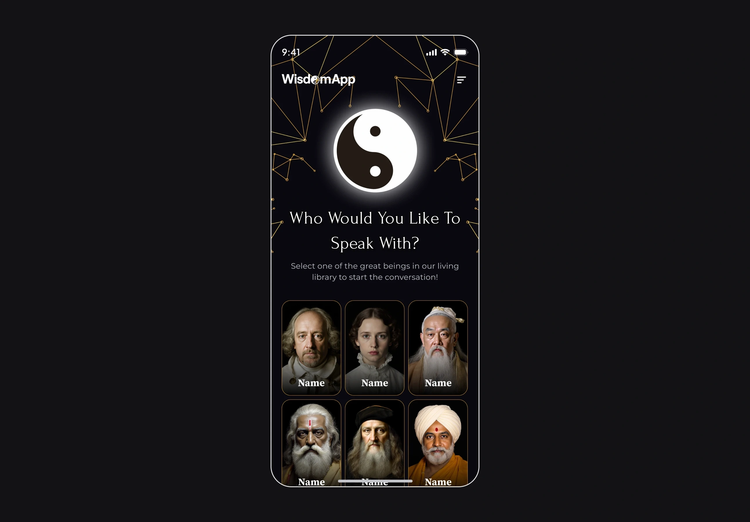 “Who would you like to speak with?” under yin and yang, and a grid of six portraits, each captioned with a name.