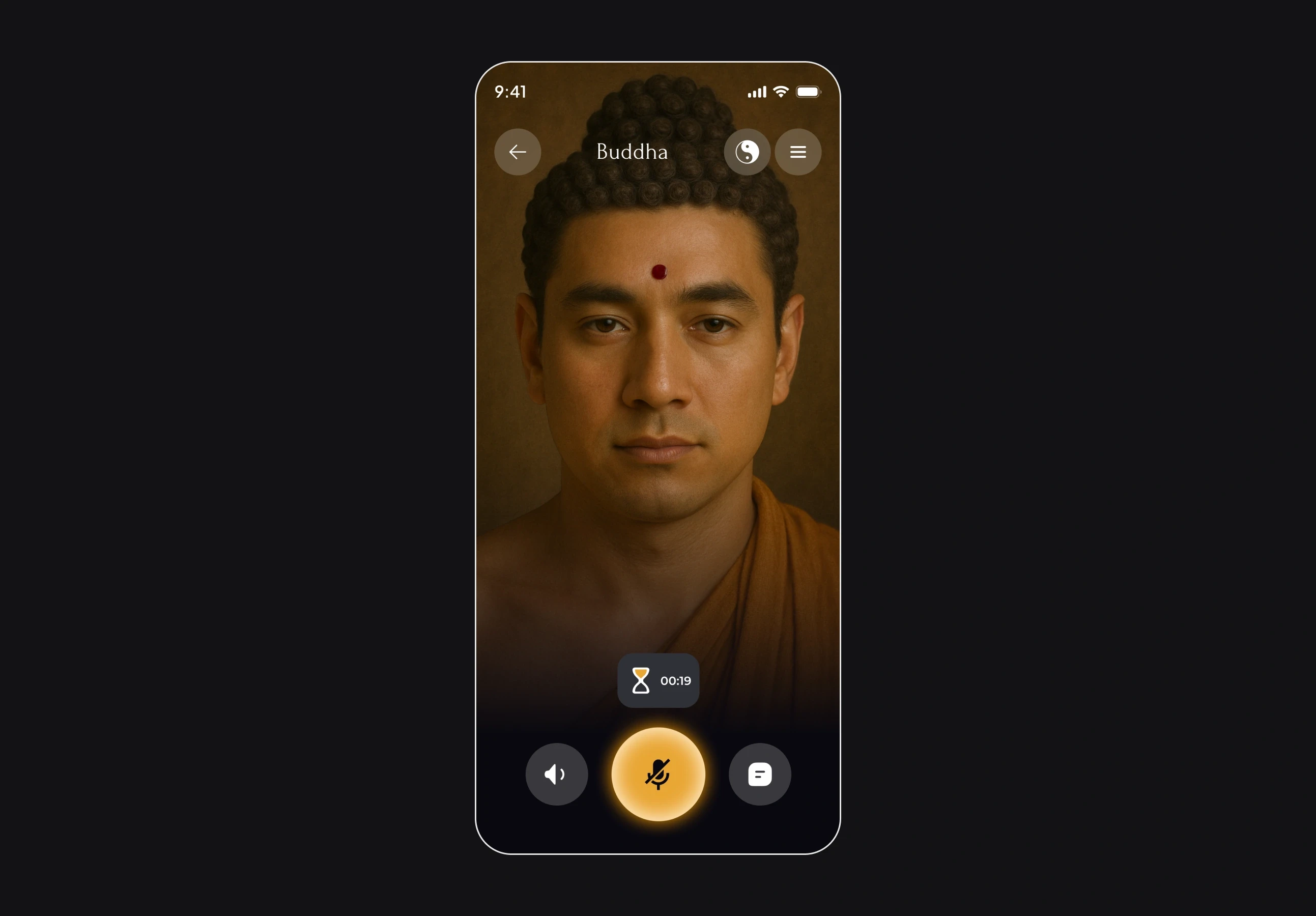 The voice view: Buddha’s portrait filling the screen, an hourglass at 00:19 above the microphone, the speaker and the chat buttons.