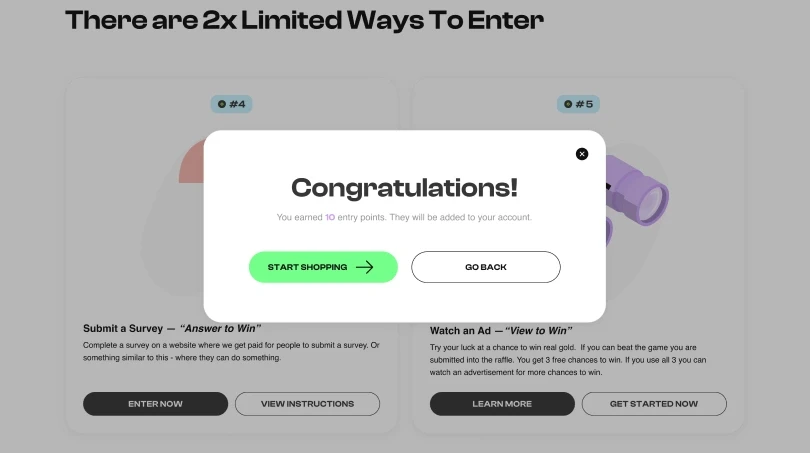 Congratulations: “You earned 10 entry points. They will be added to your account”, with Start shopping and Go back.