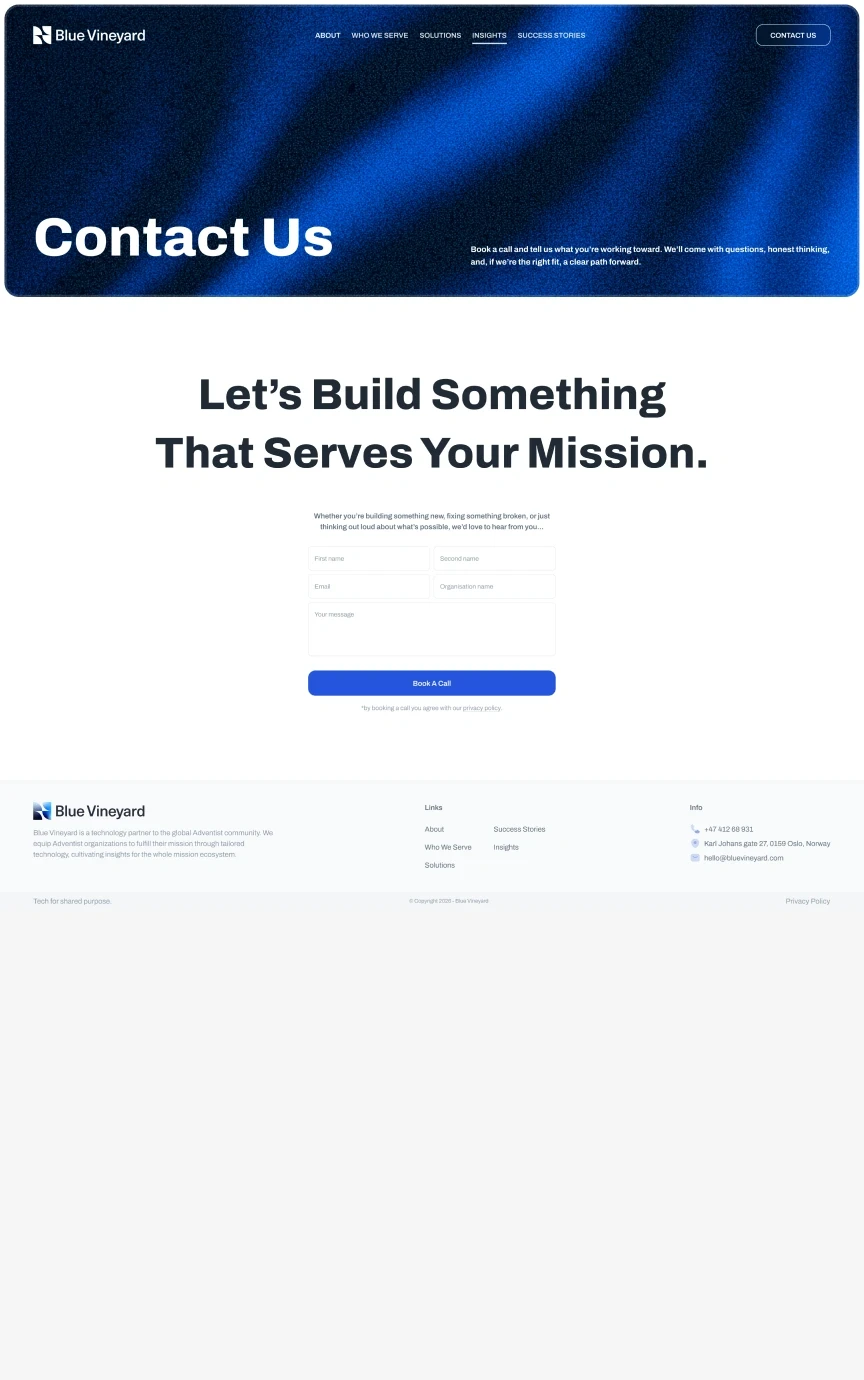 Blue Vineyard — Contact page, top of the design