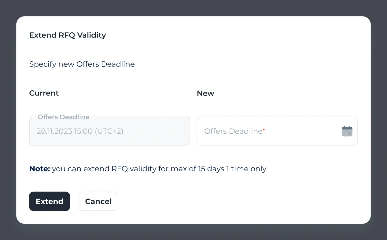 The Extend RFQ Validity dialog: the current and the new offers deadline, and the note “you can extend RFQ validity for max of 15 days 1 time only” above Extend and Cancel.