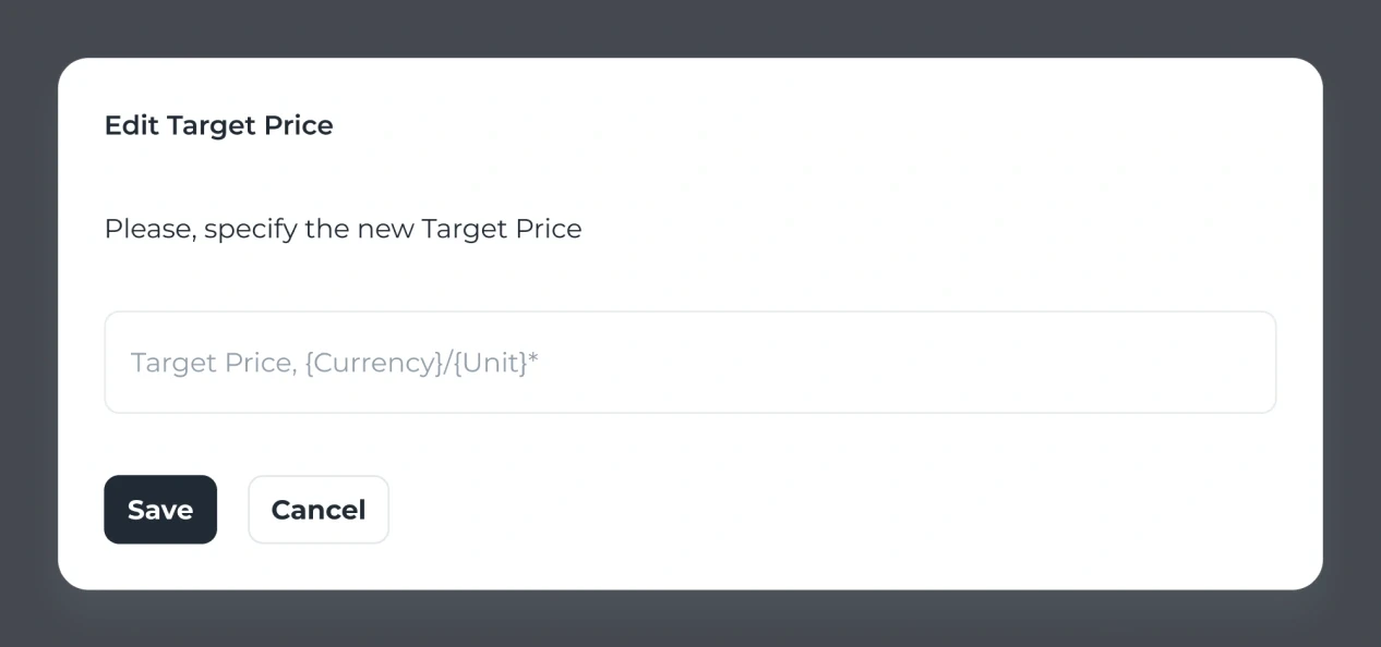 The Edit Target Price dialog: “Please, specify the new Target Price”, one field in the request’s currency and unit, Save and Cancel.