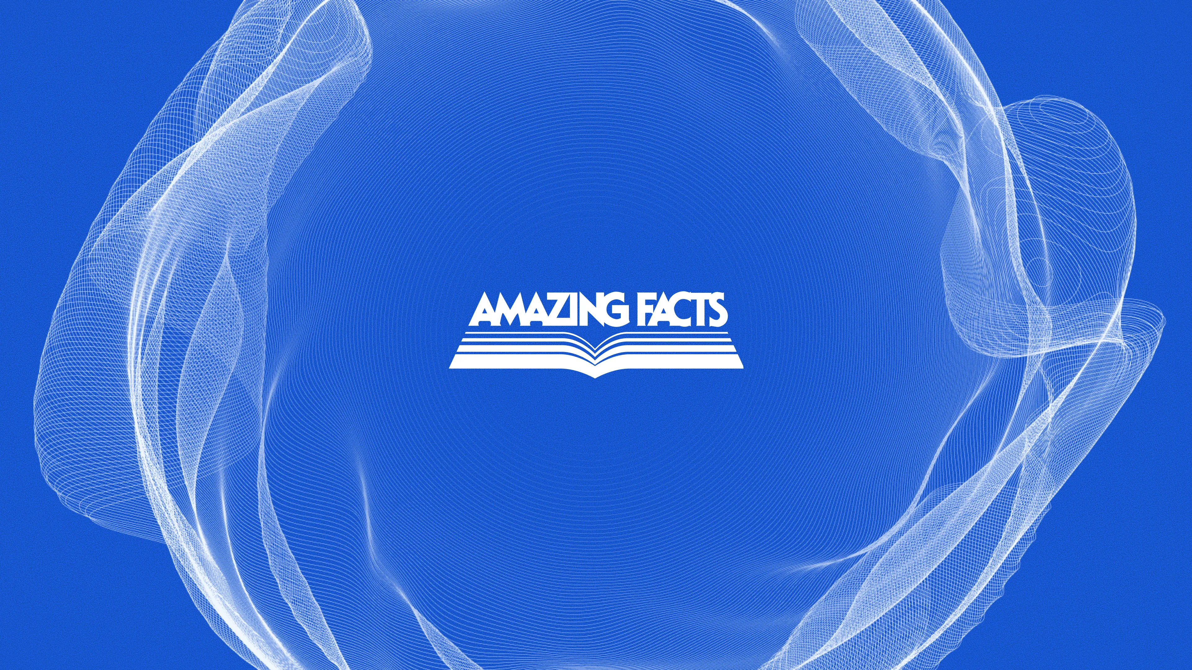 The Amazing Facts logo, white, inside a ring of light on bright blue.