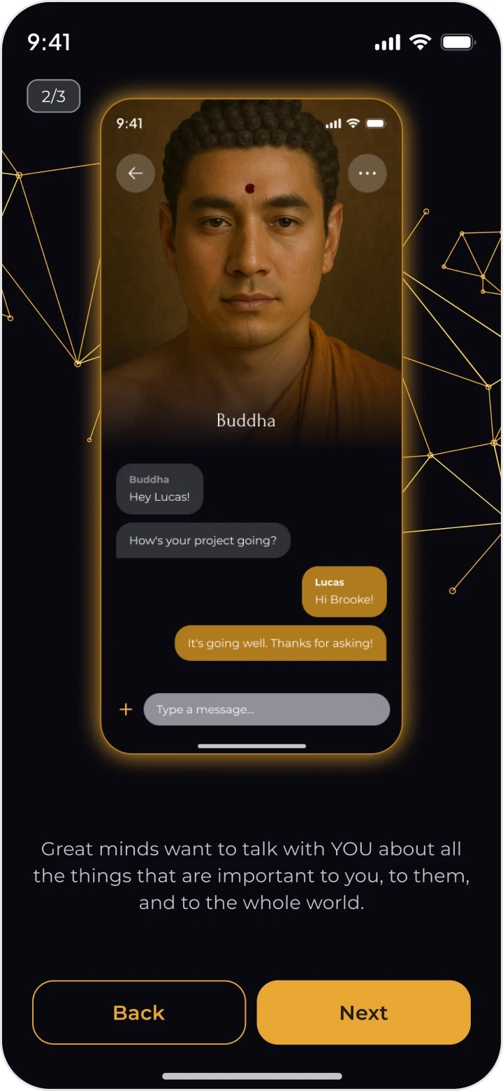 Onboarding 2 of 3: a conversation with Buddha framed in gold, and “Great minds want to talk with YOU…”.
