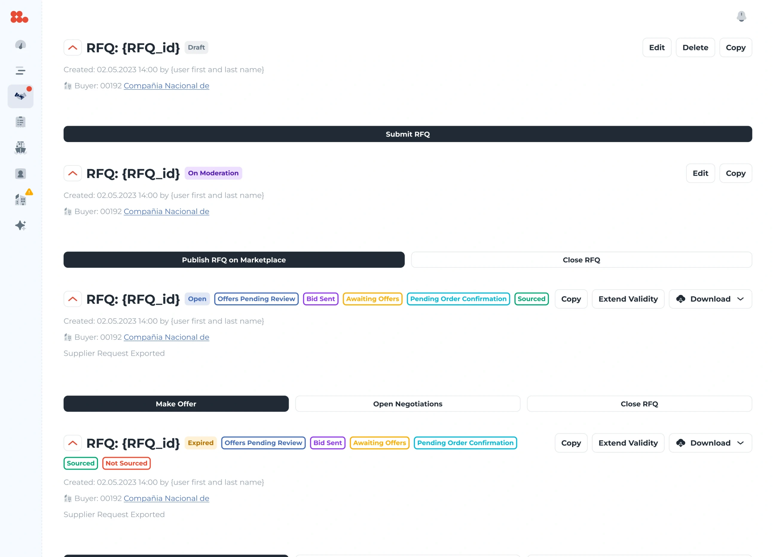 The request header in four states — draft, on moderation, open and expired — with the same layout and only the status chips and the actions changing: submit, publish, make an offer, open negotiations, close.