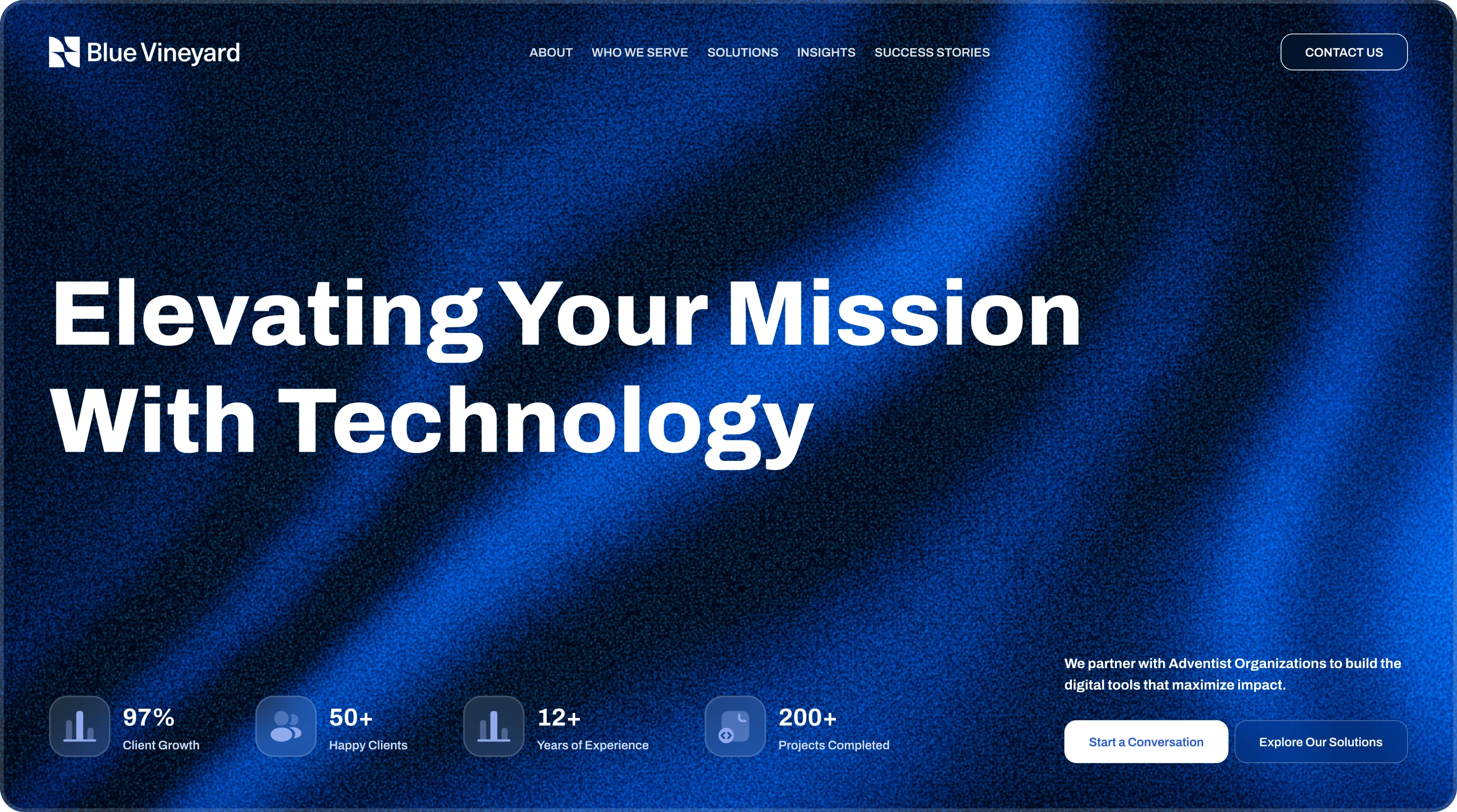 Blue Vineyard home page: “Elevating your mission with technology” over a deep blue gradient, with five figures and two calls to action.