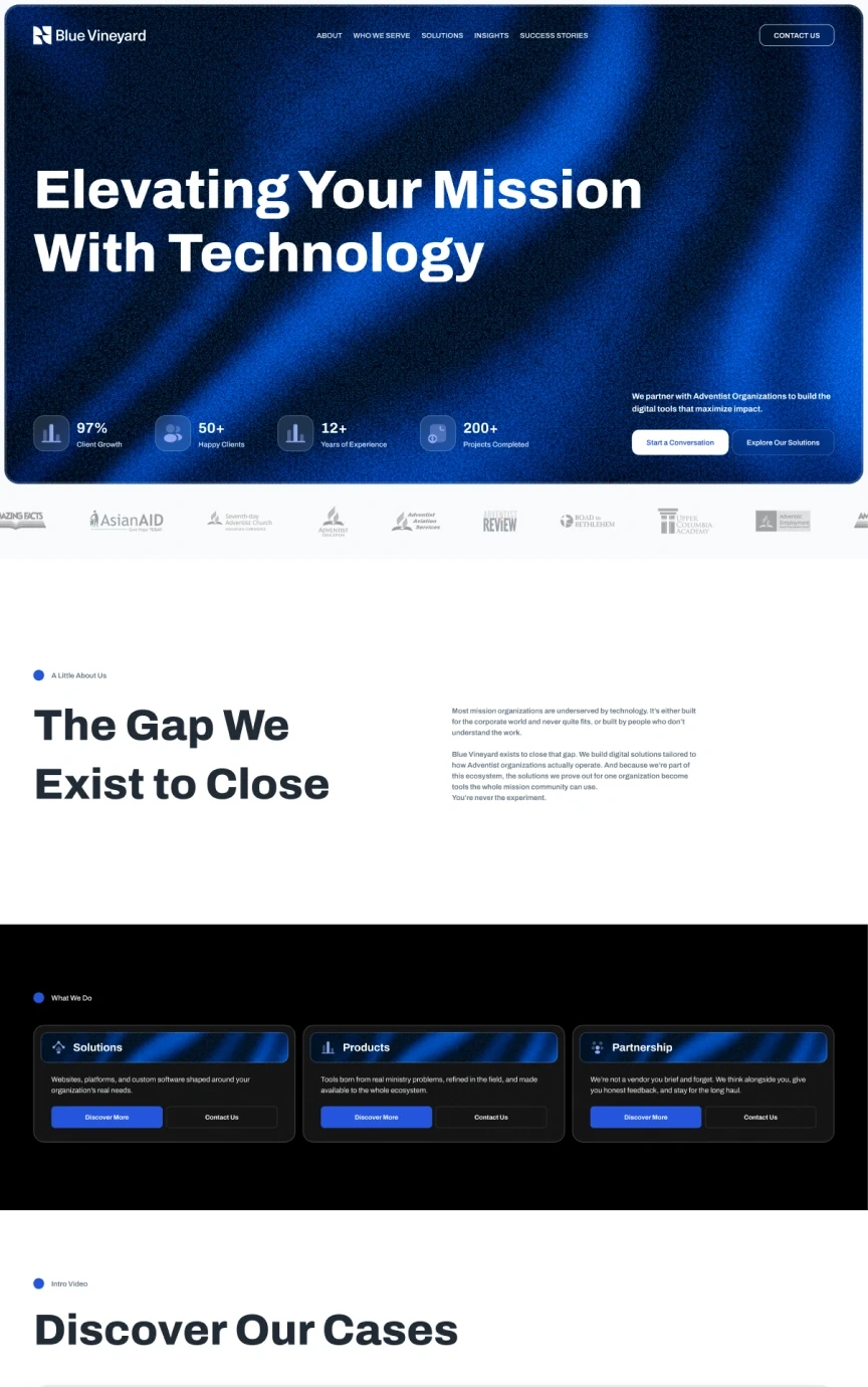 Blue Vineyard — Home page, top of the design
