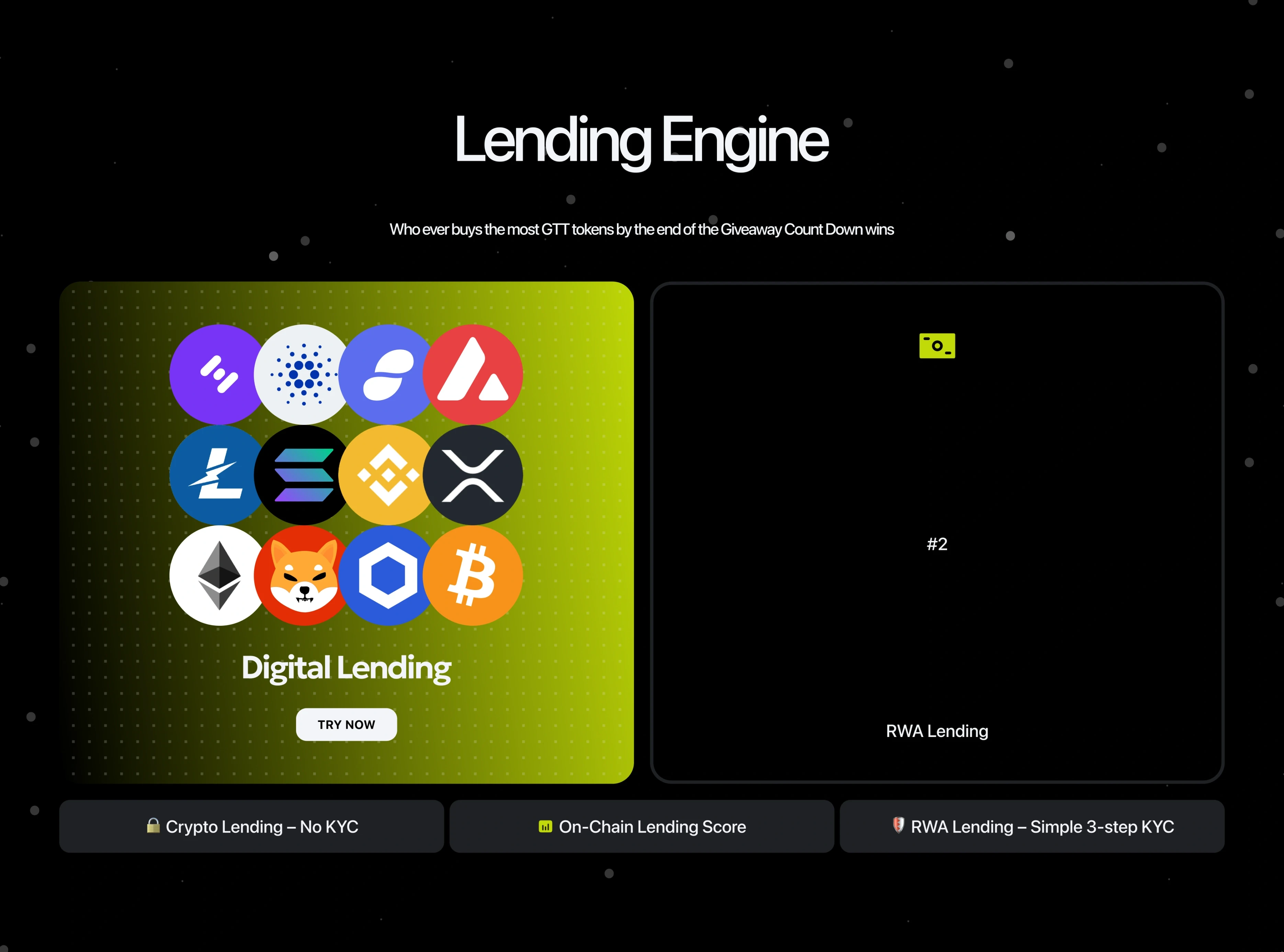 Lending engine: the digital lending card with its coin logos and Try now, the RWA lending card folded to its number, and the rules underneath — crypto lending, no KYC; on-chain lending score; RWA lending, simple 3-step KYC.