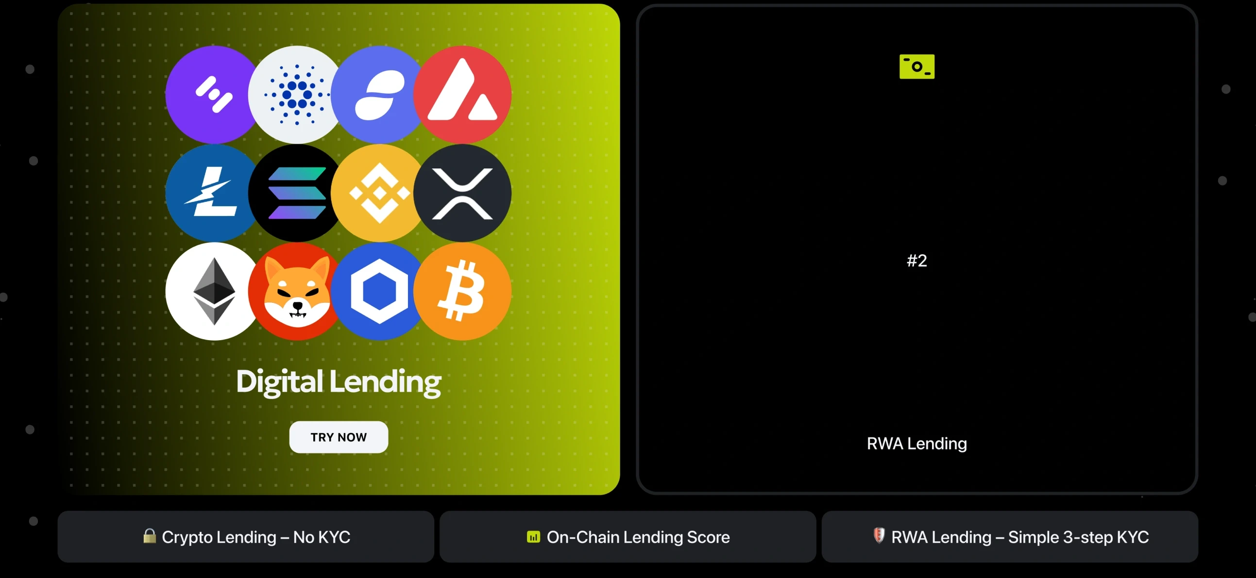 Digital lending, a card of coin logos with Try now, beside the RWA lending card, and under them: crypto lending — no KYC, on-chain lending score, RWA lending — simple 3-step KYC.