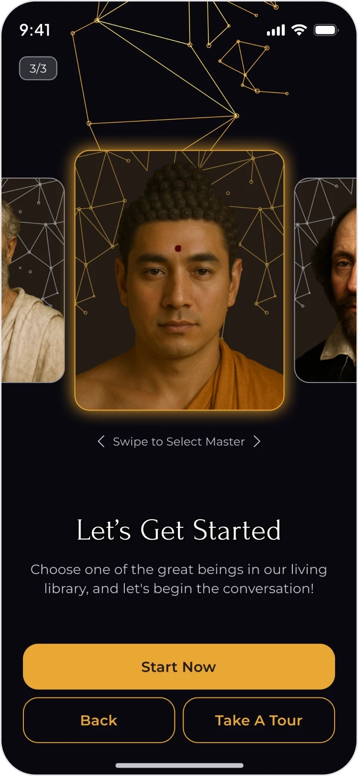 Onboarding 3 of 3: a carousel of portraits to swipe, “Let’s get started”, Start now, Back and Take a tour.