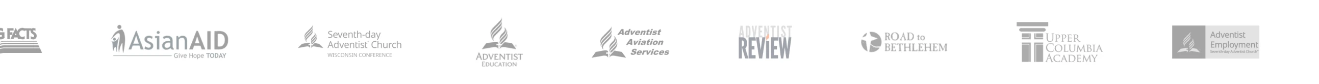 A strip of partner logos: Amazing Facts, Asian Aid, the Seventh-day Adventist Church, Adventist Review and others.