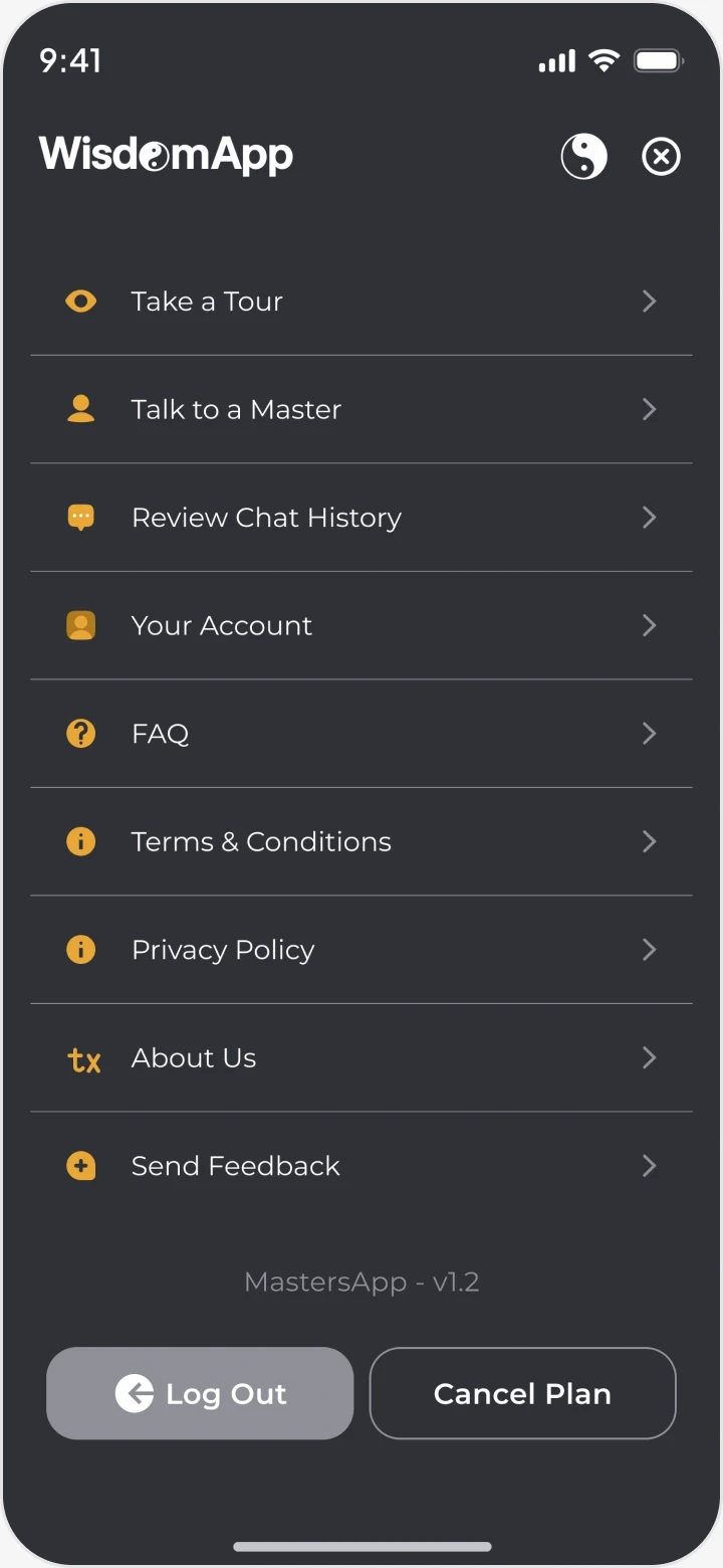The menu: take a tour, talk to a master, chat history, account, FAQ, terms, privacy, about, send feedback, log out and cancel plan.