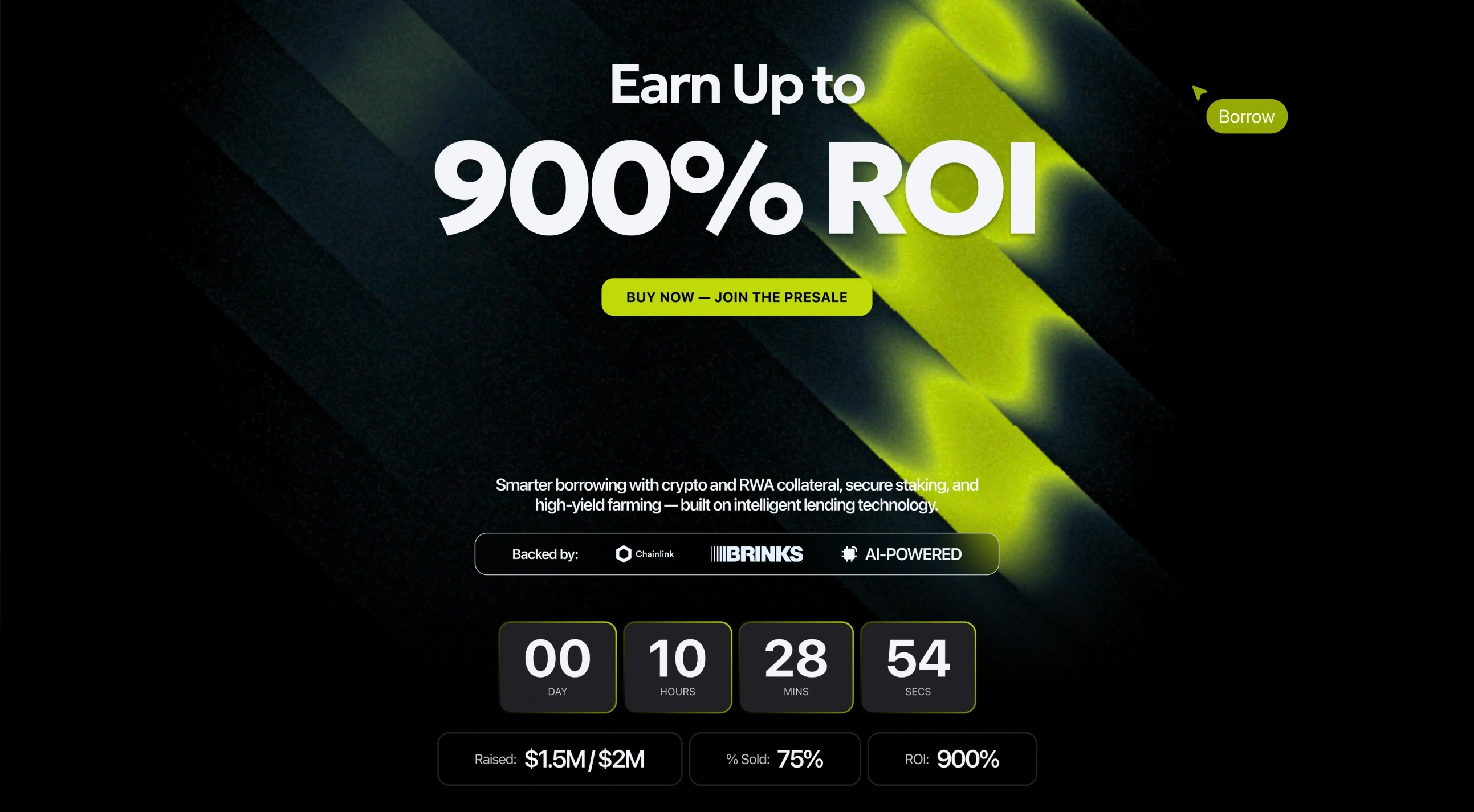 “Earn up to 900% ROI” and Buy now — join the presale; under them “Backed by: Chainlink, Brinks, AI-powered”, the countdown, and Raised $1.5M / $2M, 75% sold, ROI 900%.