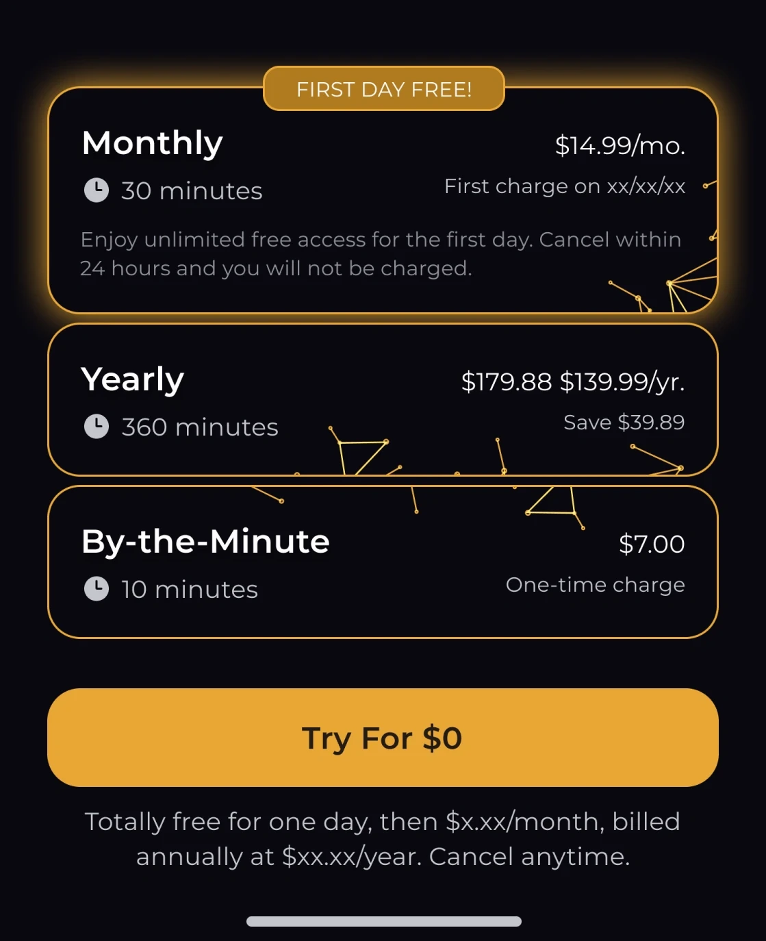 The plan cards: Monthly, 30 minutes, $14.99 a month with “First day free!”; Yearly, 360 minutes, $139.99 a year, save $39.89; By-the-minute, 10 minutes, $7.00 once; and Try for $0.