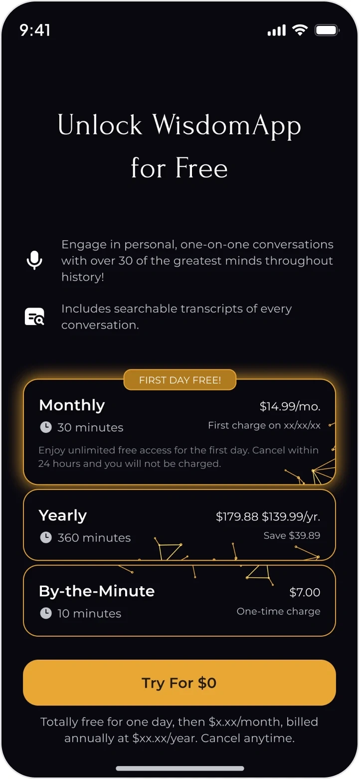 Unlock WisdomApp for free: the monthly, yearly and by-the-minute plans and Try for $0.