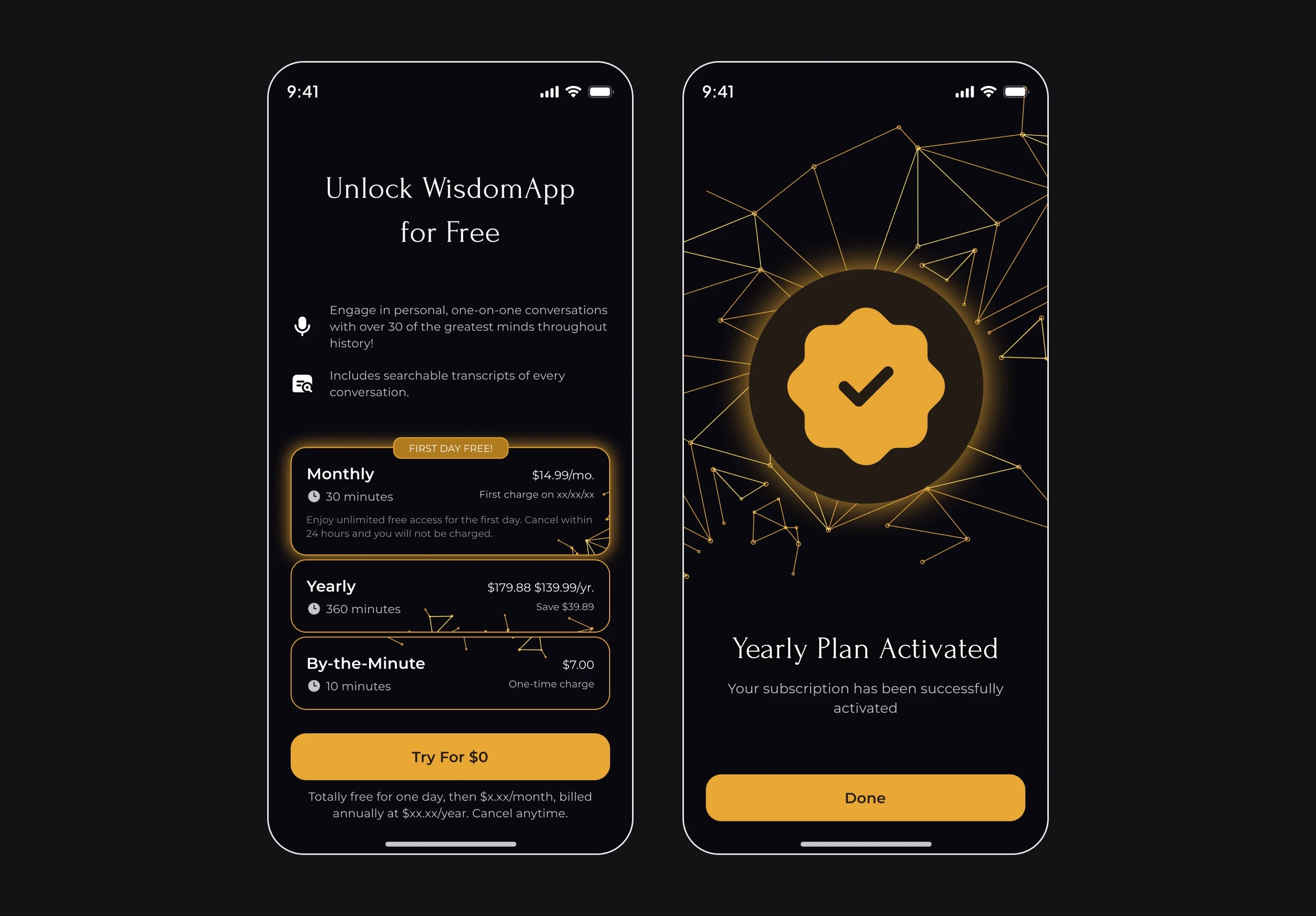 Two phones: “Unlock WisdomApp for free” with the monthly, yearly and by-the-minute plans and Try for $0, and “Yearly plan activated” with a gold seal.