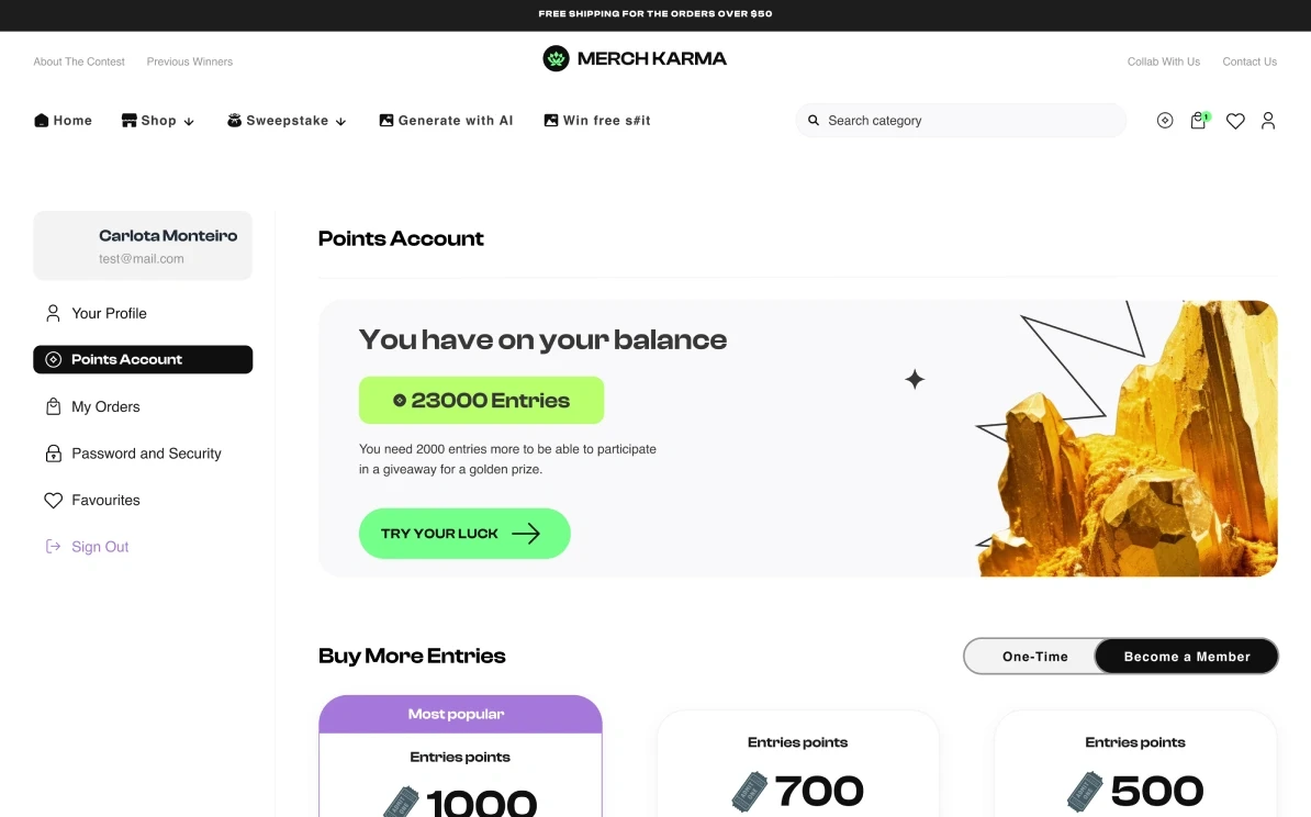 Points account: 23,000 entries on the balance, how many more the next prize needs, and entry packs to buy.