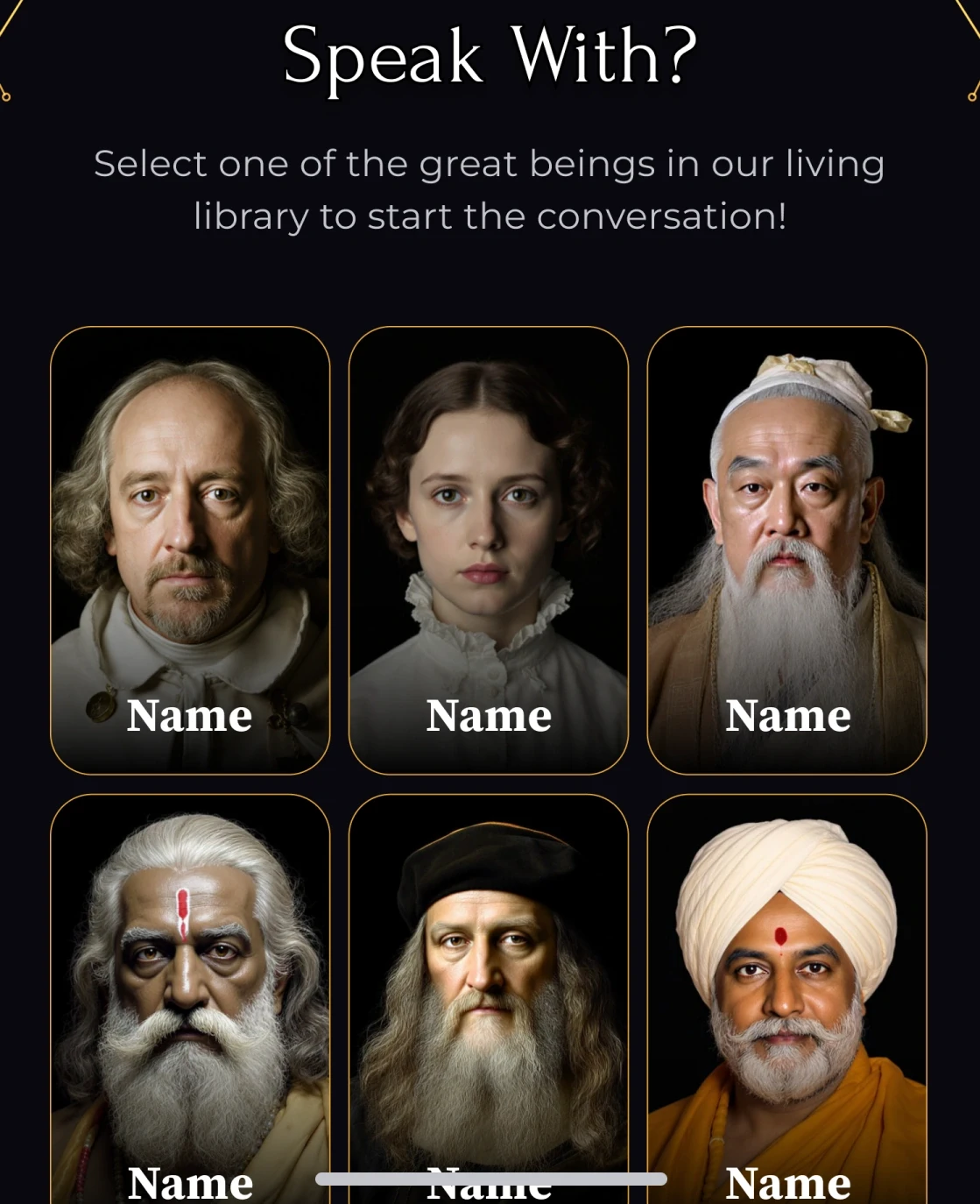 “Speak with?” — six portraits of masters in warm light on black, each captioned with a name.
