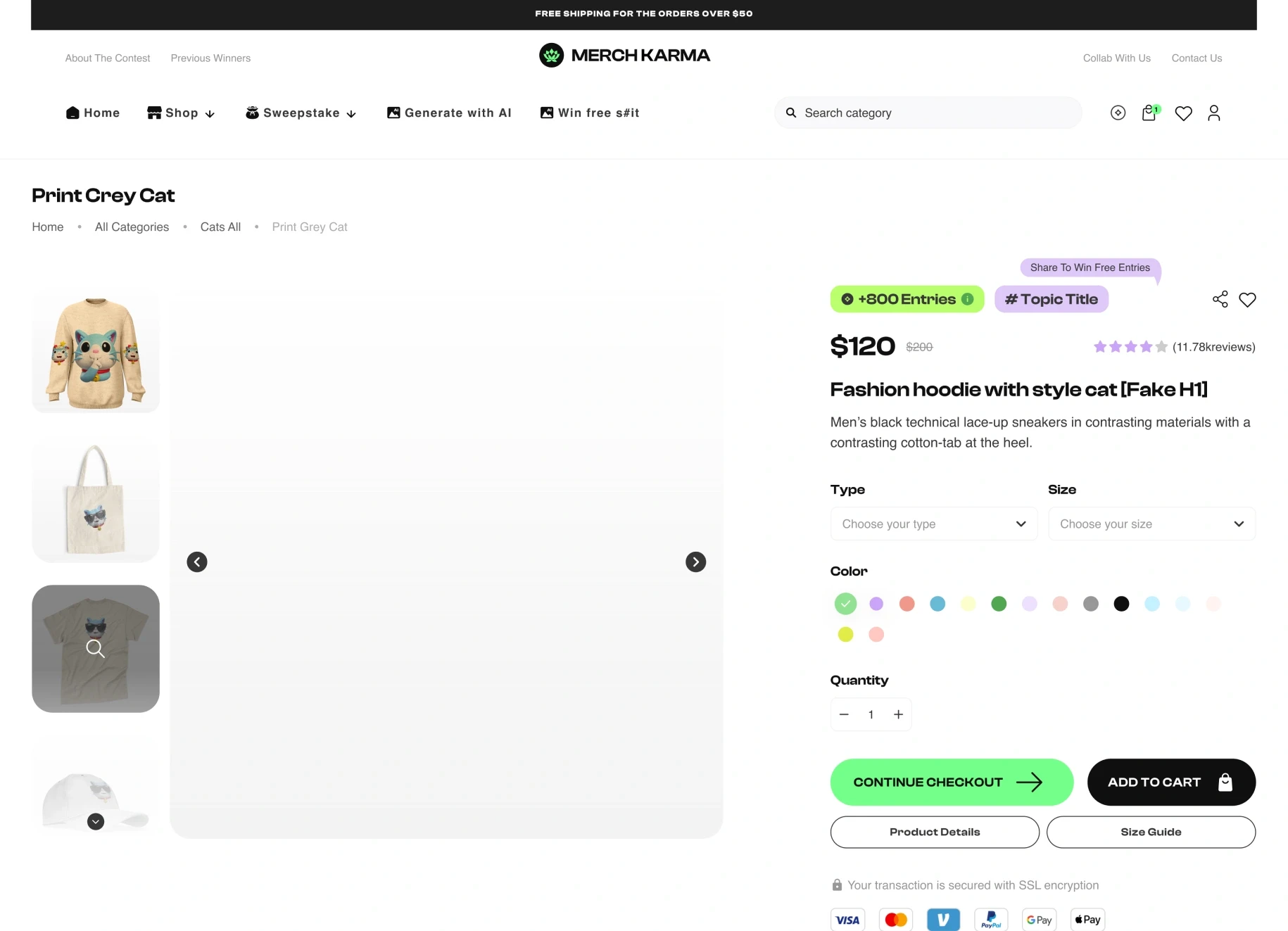 The product page: thumbnails and the gallery on the left; +800 entries and the topic beside the $120 price, the reviews, type, size, colour, quantity, Continue checkout and Add to cart, and the payment marks under them.