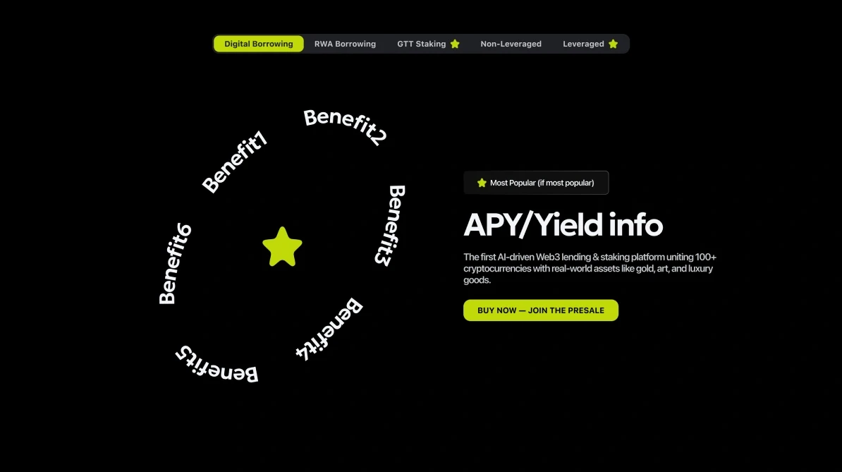 Products: tabs for digital borrowing, RWA borrowing, GTT staking, non-leveraged and leveraged, a ring of benefits, and APY / yield info.