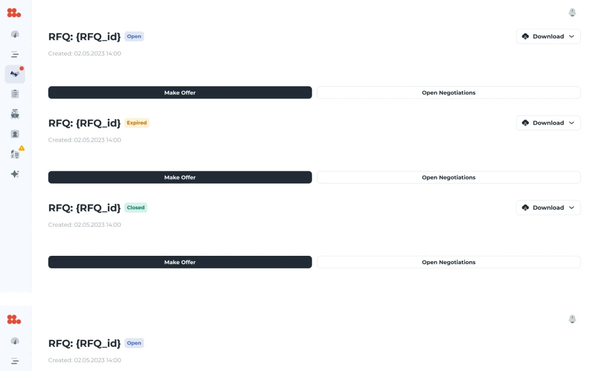 The seller’s request headers: only the status, Download, Make offer and Open negotiations — no buyer anywhere.