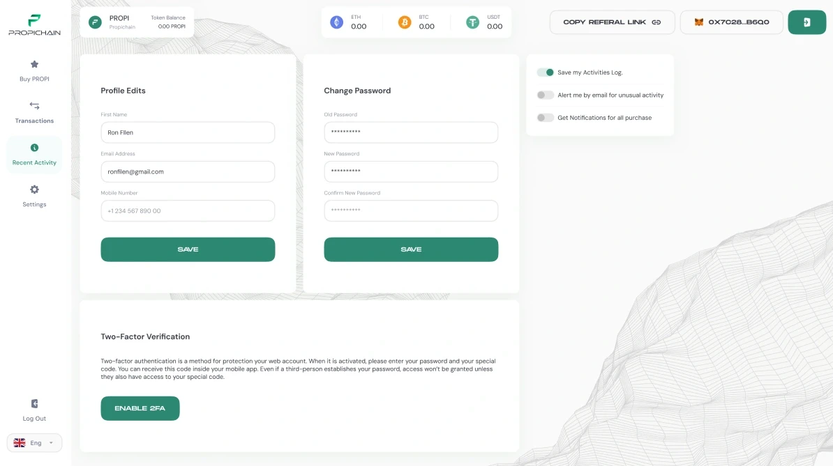 Settings: profile, password and two-factor verification.