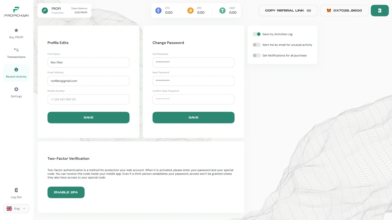 Settings: profile, change password, the notification switches and two-factor verification with Enable 2FA.