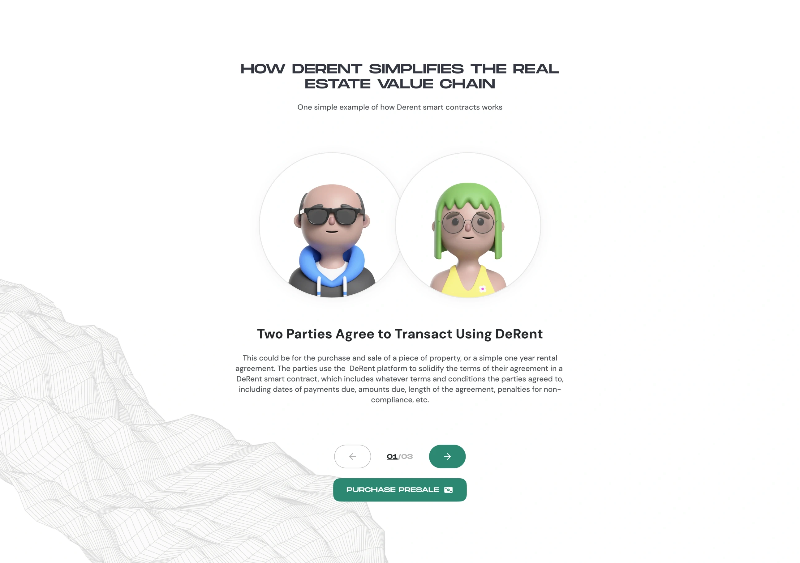 How DeRent simplifies the real estate value chain: two avatars under “Two parties agree to transact using DeRent”, the example spelled out below, step arrows and Purchase presale.