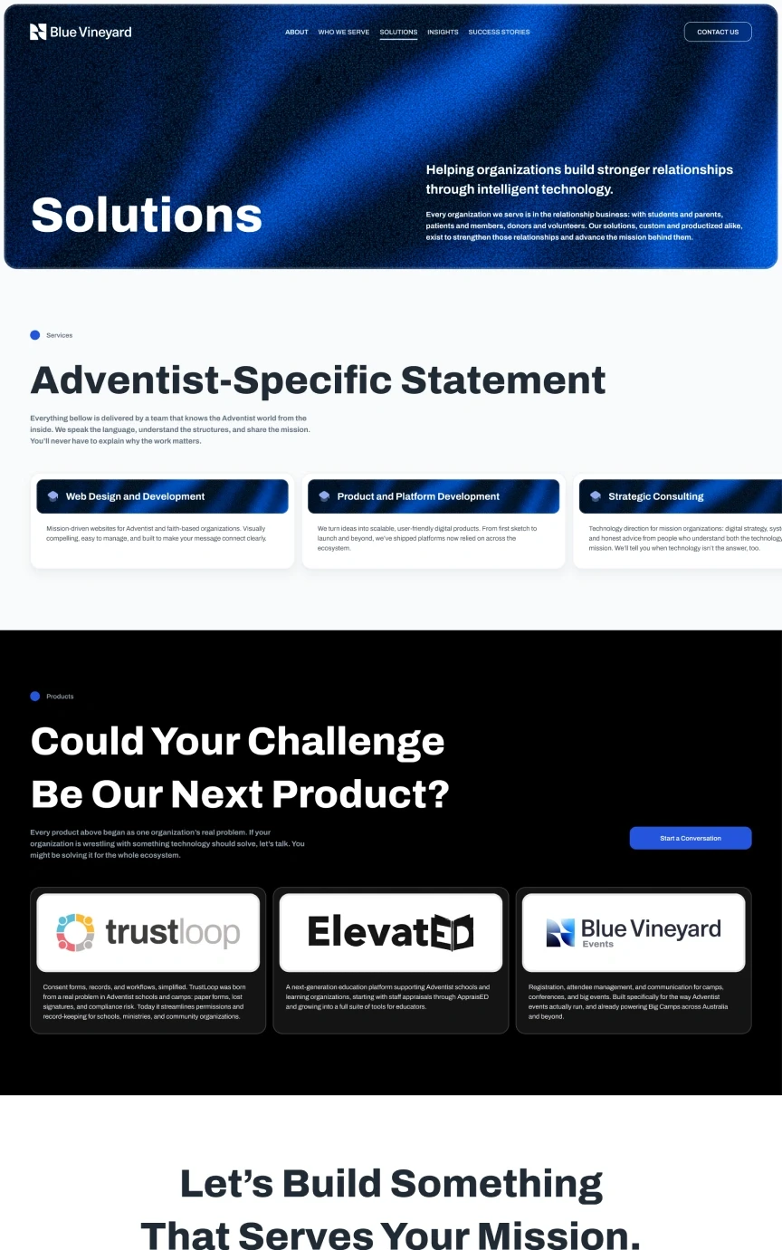 Blue Vineyard — Solutions page, top of the design