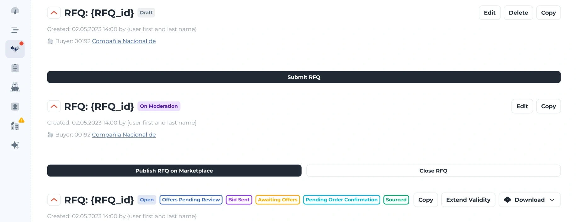 Request headers: Draft and On moderation, then Open with its chips — Offers pending review, Bid sent, Awaiting offers, Pending order confirmation, Sourced.