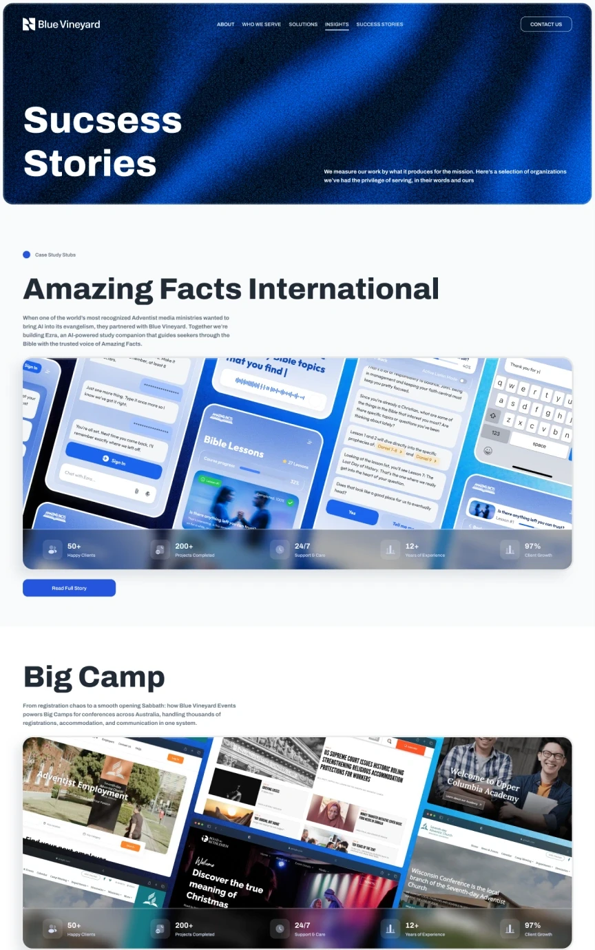 Blue Vineyard — Success stories page, top of the design