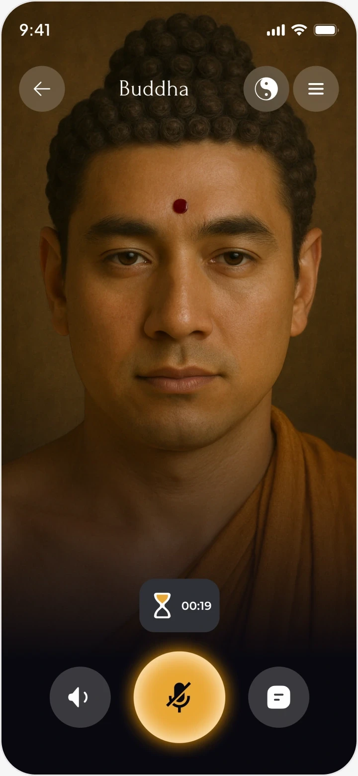 The voice view: Buddha’s portrait full screen and an hourglass at 00:19.