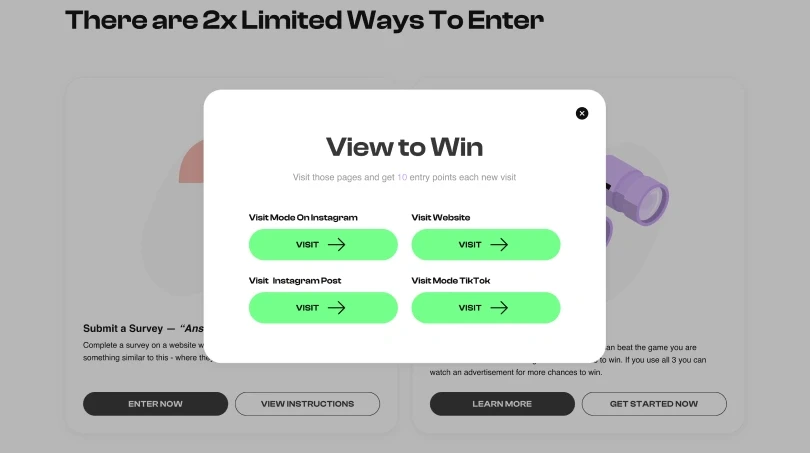 View to win: “Visit those pages and get 10 entry points each new visit” — Instagram, the website, an Instagram post and TikTok, each with its Visit button.